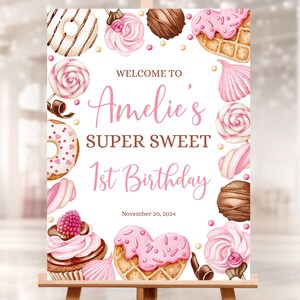 Bearbeitbar Sweet ONE 1st Birthday Willkommensschild, Baby Mädchen. Rosa und beige Donut, Süßigkeiten Schokolade, Kuchen Party Dekor. SWE