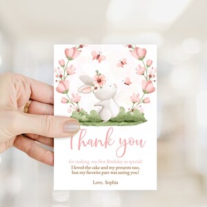 Bearbeitbare DIGITAL 1. Geburtstags-Dankeschön-Karte. Personalisierte Hase Thema, Baby Mädchen rosa grün Blumen Party, Blume Note Karte 3,5x5" BBG