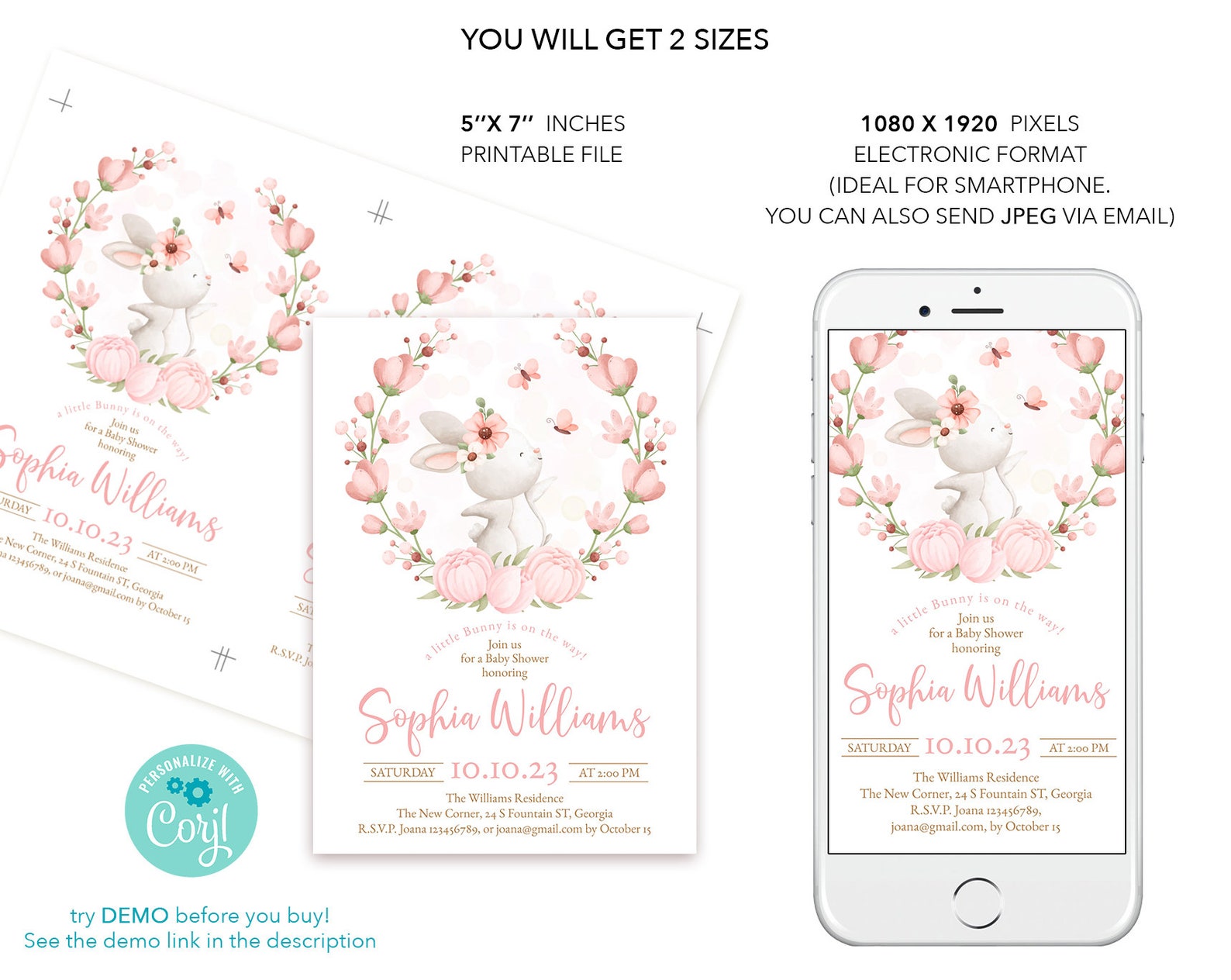 Editable Pink Bunny Baby Shower Digital Invite/evite Template ...