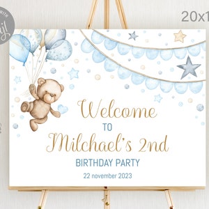 EDITABLE Birthday welcome sign. Personalized baby boy birthday sign. Teddy Bear, air balloon party decoration. Printable sign 20x16&#39;&#39;. 007A