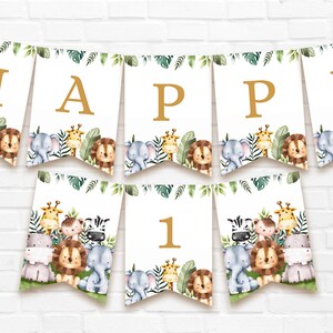 EDITABLE digital 1st Birthday Wild ONE Bunting. Personalized flags, Safari, Jungle animals party decoration. Printable A-Z, 0-9 Banner. SAB