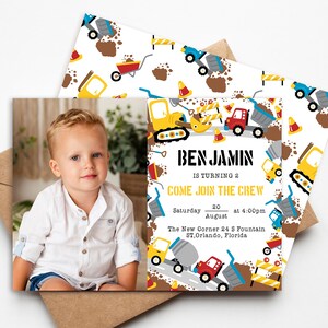 Editable Construction Road Birthday Invitation 2 sides Template with Photo. Yellow Excavator, Digger Party Boy. 1KS