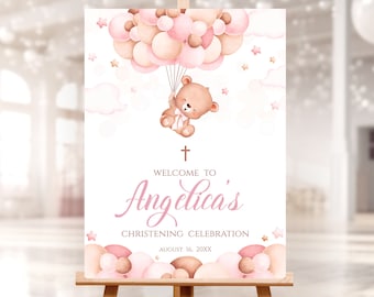 Bewerkbaar doopwelkomstbord. Gepersonaliseerde meisje roze teddybeer, luchtballon decor. Doopsel, 1e Communiekruis. PCG