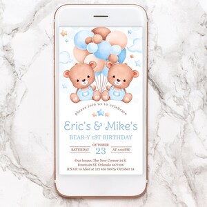 Editable Twins 1st Birthday Evite. Combined boys 1st Birthday party, Teddy Bear, blue and beige air balloons. Corjl template. TB2