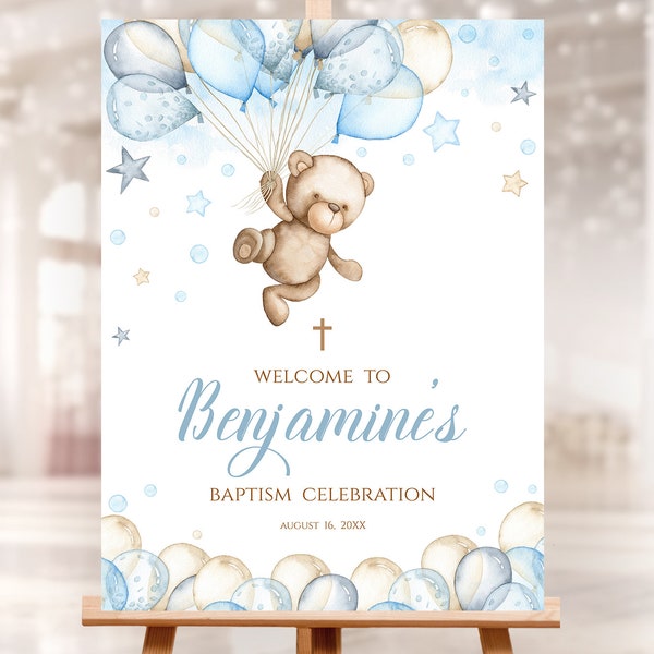 Editable Baptism Welcome Sign. Personalized Boy blue Teddy Bear, air balloon decor. Christening, 1st Communion cross. BTB