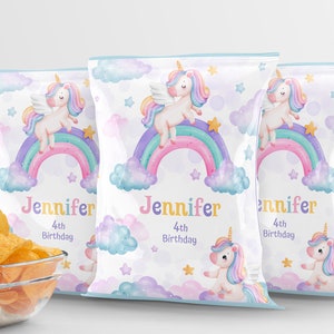 EDYTOWALNA Chip Bag girl Upominek urodzinowy. Spersonalizowany upominek na przyjęcie. Jednorożec różowy i tęczowy motyw magiczny. Pastelowe cukierki, woreczek na ciasteczka. UNI