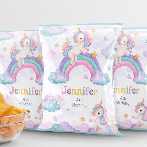 EDITABLE Chip Bag girl Birthday favor. Personalized party Favor. Unicorn pink and Rainbow Magical theme. Pastel candy, cookie bag. UNI