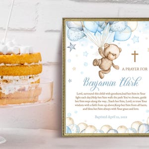 Editable 1st Communion Prayer, Boy Baptism. Personalized Christening, Baptism digital card. Blue Teddy Bear sign 8x10", 2,5x6", A4. BTB
