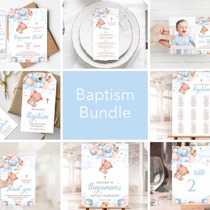 Lot de baptême garçon modifiable. Ours en peluche bleu beige personnalisé, décor de montgolfière. Croix de baptême de bébé 1ère communion Corjl Templates BBB