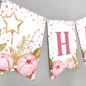 HAPPY BIRTHDAY Banner. Printable digital party decoration. Girls pink birthday flags. Instant Downloads  jpeg, pdf formats. 001
