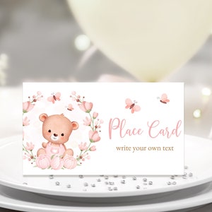 BEWERKBARE 1e verjaardag plaatskaart. Gepersonaliseerde Bunny thema Baby Girl roze en groen feest. Gunst, voedseletiket, digitale tentkaart 3,5x2'' PBW