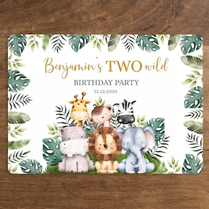 Editable Table Mat Template. Personalized 2nd baby boy TWO wild Birthday place mat, Safari, animal party table decor. SAB