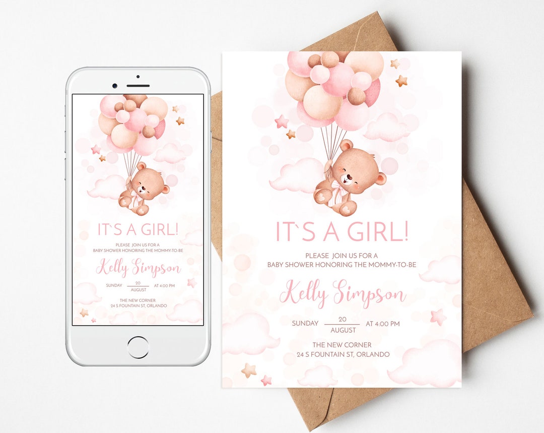 Editable Pink Teddy Bear Baby Shower Electronic Invitation Template ...