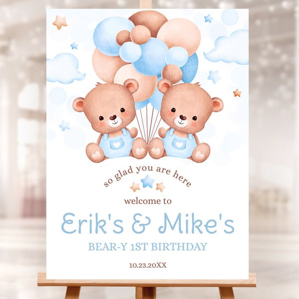 Editable Welcome Sign Template. Personalized 1st twins boys Birthday banner, Teddy Bear blue, beige air balloon. TB2