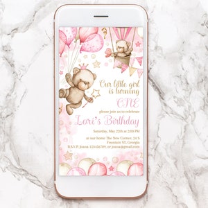 EDITABLE 1st Birthday Evite digital Template. Personalized pink Baby girl Teddy Bear air balloon party. Printable Corjl file 009