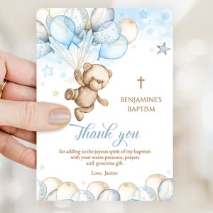 Battesimo modificabile Grazie Card. Orsacchiotto blu, decorazione in mongolfiera. Battesimo del neonato, Croce della Prima Comunione, Biglietto per appunti. BTB