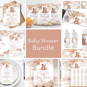 May include: A baby shower bundle with a teddy bear theme. The bundle includes invitations, decorations, favors, and signage. The colors are pink, brown, and gold. The text on the invitations says "We can barely wait" and "Baby Shower".
