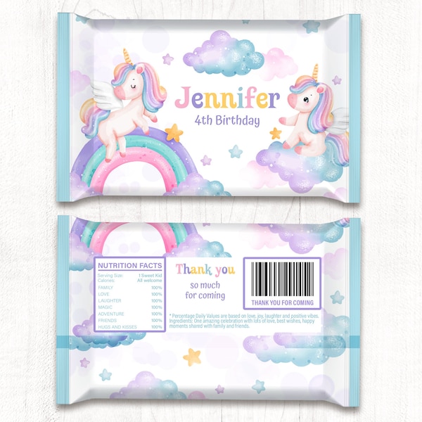 Editable Candy Bar Rice Krispies Treats Label , Wrap 0.78oz Girl's magic Birthday Pink and Rainbow Unicorn, Party Favor.  UNI