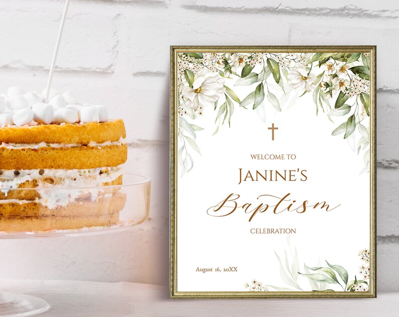 Janimi Sign Editable Baptism Welcome Sign. Personalized Girl Christening Floral ...