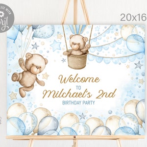EDITABLE Birthday welcome sign. Personalized baby boy birthday sign. Teddy Bear, air balloon party decoration. Printable sign 20x16&#39;&#39;. 007