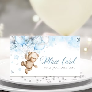 Segnaposto battesimo modificabile. Orsacchiotto blu argento, decorazione. Battesimo, ragazzo 1a Comunione. Bomboniera, etichetta alimentare, Tent Card digitale 3,5x2'' STB