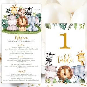 Tarjeta de Menú digital EDITABLE y Número de Mesa. Decoración de mesa Wild ONE 1er cumpleaños, Safari, Animales de la selva. Archivos Corjl digitales imprimibles. SAB