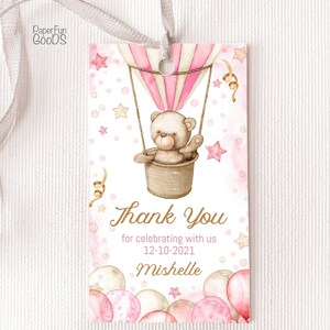 EDITÁVEL Tags de agradecimento. Tag personalizada para festa de meninas. Etiqueta rosa de aniversário digital. Decoração de balão de ar quente Teddy Bear. Etiqueta de favor. 009