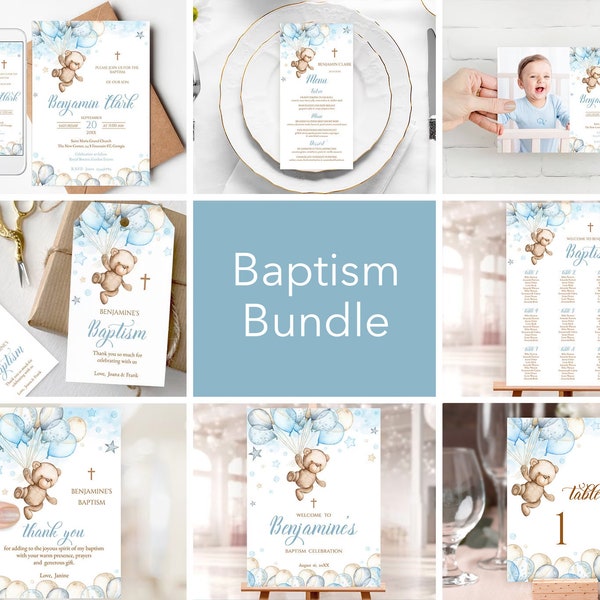 Lot de baptême garçon modifiable. Ours en peluche bleu beige personnalisé, décor de montgolfière. Croix de baptême de bébé 1ère communion Corjl Templates BTB