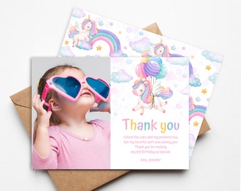 Editable Photo Thank you Card. Pink pastel rainbow Unicorn. Magical girl Birthday Party. 2 sides Note Card 3,5x5 in. Corjl template. UNI