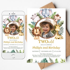 Bearbeitbare TWO Wild 2. Geburtstag Foto Invite/Evite Vorlage. Personalisierte Safari, wilde Dschungeltiere einladen, grün, Goldfarbe. SA2