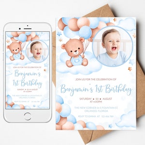 Editable Blue Teddy Bear Birthday Electronic Invitation Template with photo. Evite baby boy Light blue Party Invite, air balloons. 3BB