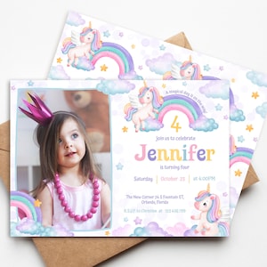 Editable Unicorn Birthday Invitation with Photo. Personalized 2-sides Girl Magic Unicorn party Invite, pastel pink and Rainbow theme. UNI