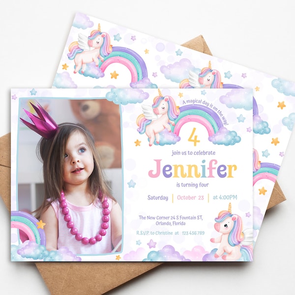 Editable Unicorn Birthday Invitation with Photo. Personalized 2-sides Girl Magic Unicorn party Invite, pastel pink and Rainbow theme. UNI