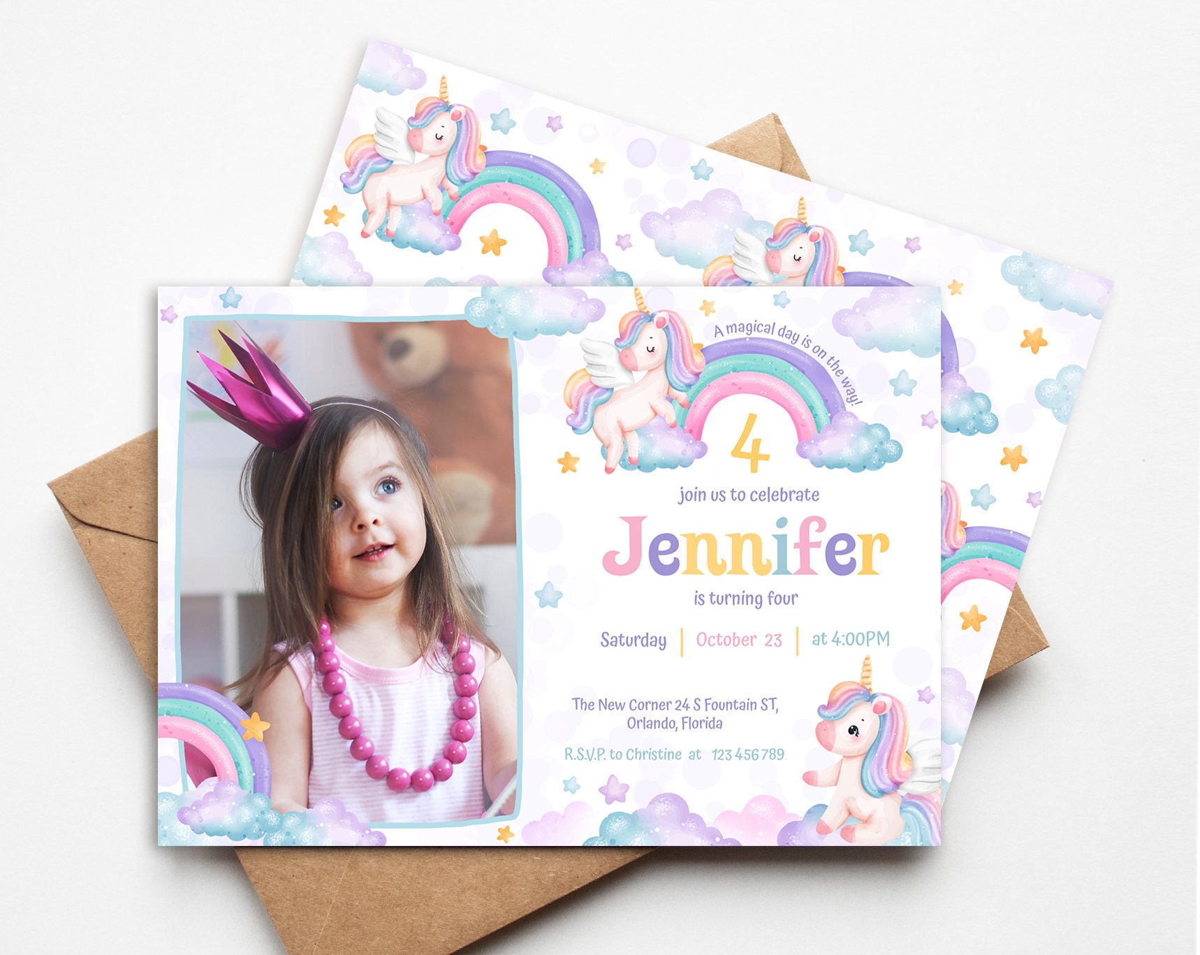 Editable Unicorn Birthday Invitation With Photo. Personalized 2-sides Girl Magic Unicorn Party ...