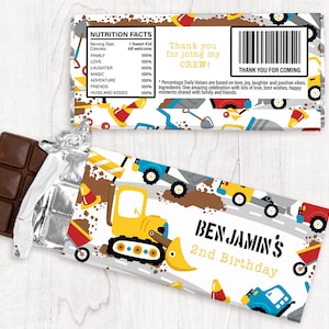 EDITABLE Chocolate Bar Wrap. Personalized Corjl template Road Construction. 2nd Birthday Favor, Yellow Excavator, Digger Party Boy. 1KS