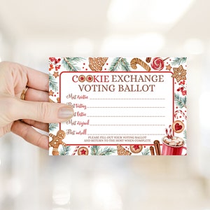 May include: A white voting ballot with a red border and a festive Christmas cookie theme. The ballot has categories for "Most Creative", "Best Tasting", "Cutest", "Most Original", and "Best Overall". The text "Cookie Exchange Voting Ballot" is at the top of the ballot.