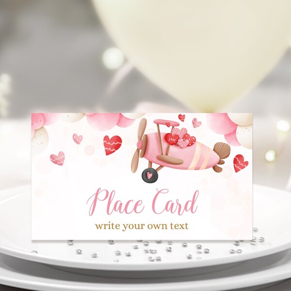 Carte de place de 1er anniversaire MODIFIABLE. Coeur doux de la Saint-Valentin Avion Baby Girl Pink Party. Faveur, étiquette alimentaire, Carte Tente numérique 3,5x2'' VAL