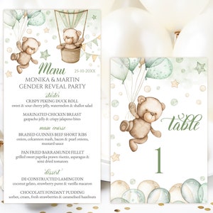 EDITABLE digital Menu Card and Table Number. Gender Revel boy, girl neutral Green beige air balloons Teddy Bear theme, Party table decor GGR