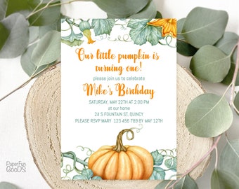 BEWERKBARE verjaardagsuitnodiging sjabloon. Gepersonaliseerde feestuitnodiging Herfstpompoen, herfstbloemen. Afdrukbaar digitaal Corjl-bestand 5x7'' 016