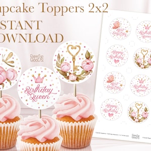 Décorations de cupcakes imprimables. Favorisez les étiquettes. Décoration de fête d&#39;anniversaire de petite fille rose et or. Téléchargement instantané PDF, JPEG. 001