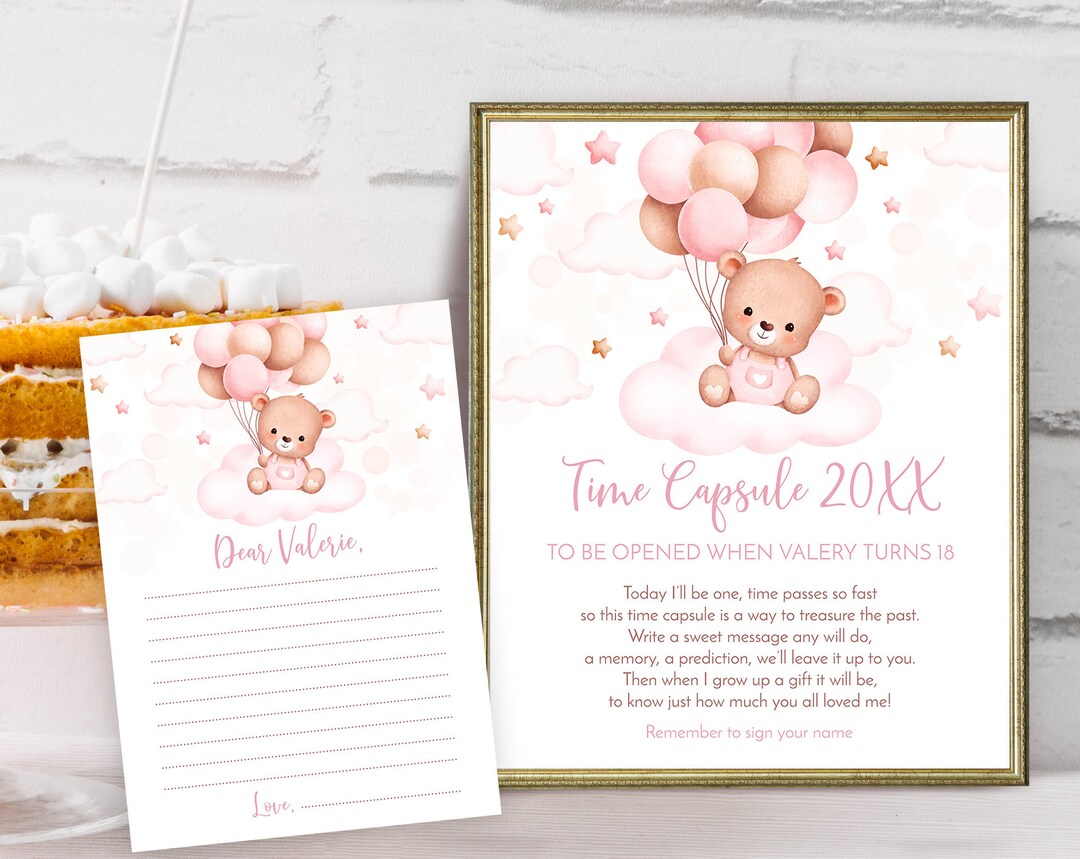Editable Teddy Bear Time Capsule. Baby Girl 1st Birthday. Pink and Tan ...