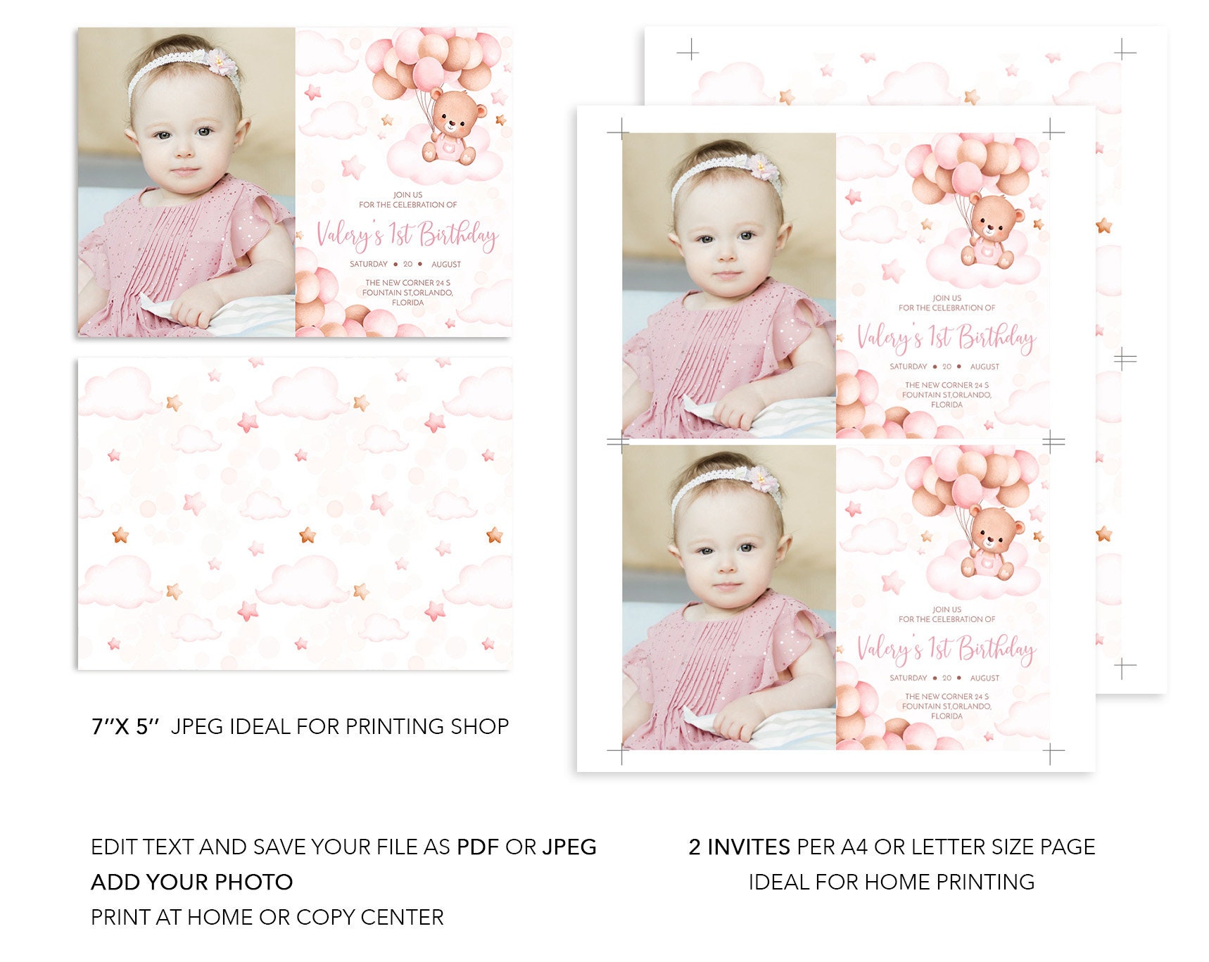 Editable Pink Teddy Bear Birthday Invitation Template With Photo. 1st ...