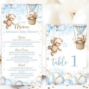 BEWERKBARE menukaart en tafelnummer. Gepersonaliseerde jongensbabyshower. Blauw, teddybeer luchtballon decor, Baby Sprinkle. Corjl-sjabloon BB7