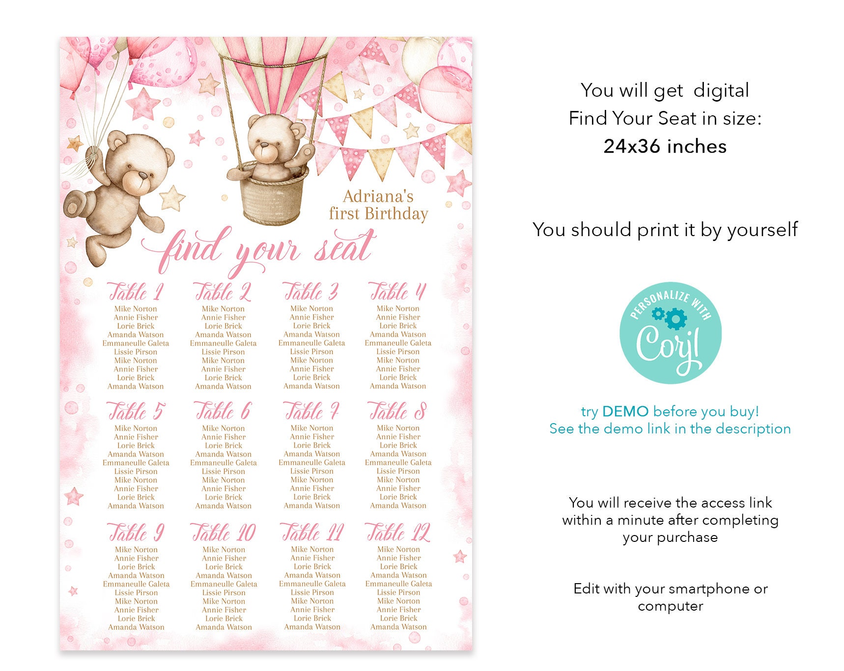 EDITABLE Digital Seating Chart Template. Find Your Seat, 1st Girl ...