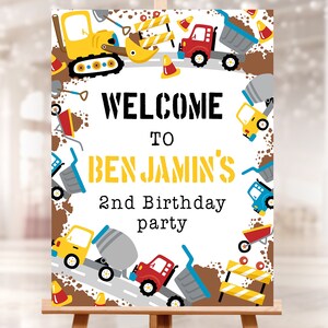 Editable Construction Road Birthday Welcome Sign Template. Yellow Excavator Digger Party Boy. 1KS
