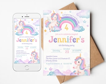 Editable Unicorn Birthday Electronic Invite/Evite Template. Personalized girl pink and rainbow magical Party. UNI