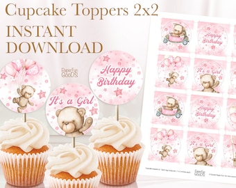 Printable Teddy Bear Cupcake Toppers. Favor tags. Girls Birthday decor. Pink party decoration. Instant download, digital PDF, JPEG. 009