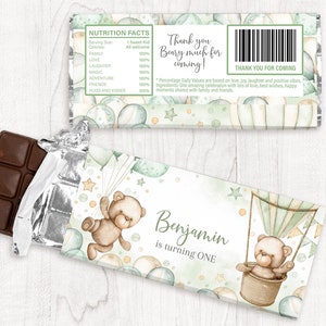 EDITABLE digital Chocolate Bar Wrappers Corjl Template. Personalized Candy bar Green and beige Boy Girl Party Favor. Teddy Bear, balloon SGB