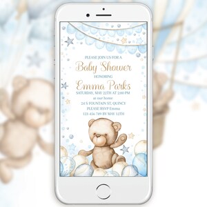 Modello modificabile per invito elettronico per baby shower. Invito personalizzato per una festa per neonati, orsacchiotto, mongolfiera Evite. 007