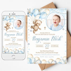 Invito Battesimo Modificabile con Foto. Invito Orsetto Blu e Beige, Palloncino Evite. Battesimo Bambino, Croce Prima Comunione. BTB